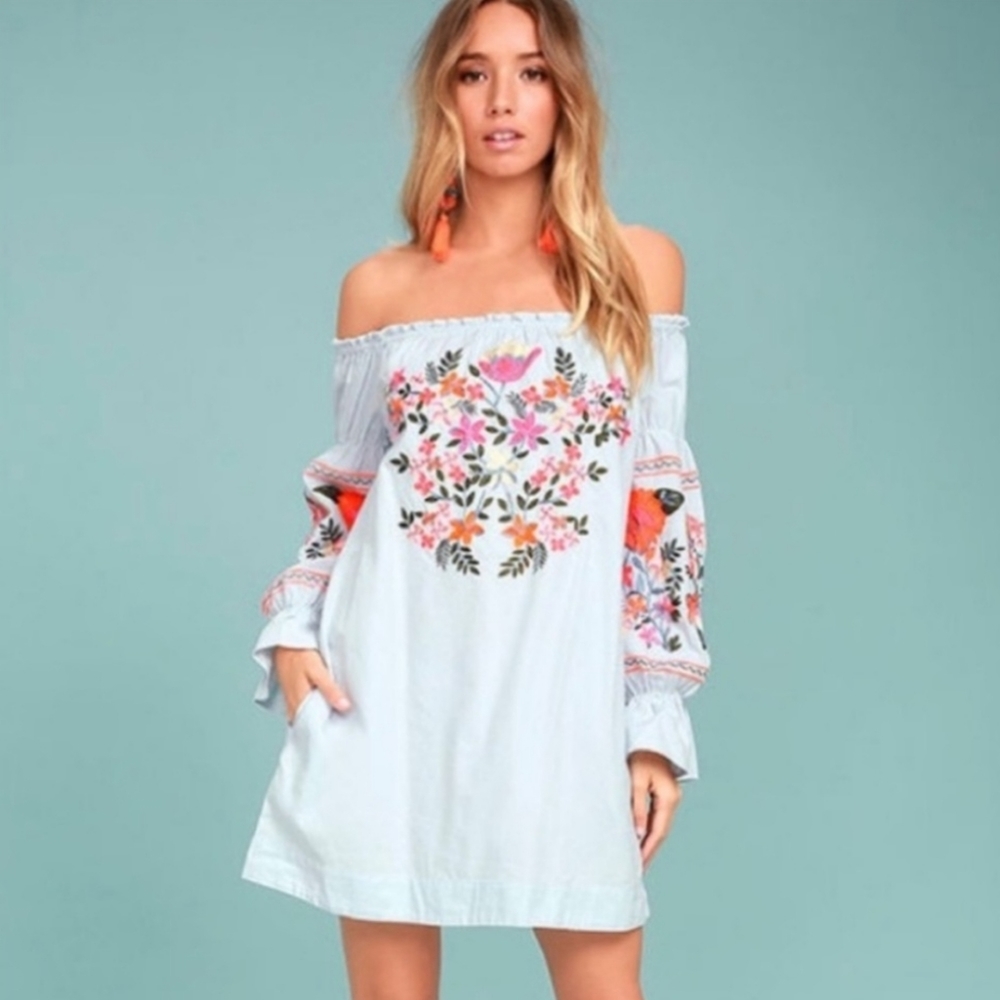 Free People Fleur Du Jour Off Shoulder Mini Dress Sz S Blue Embroidered Bohemian